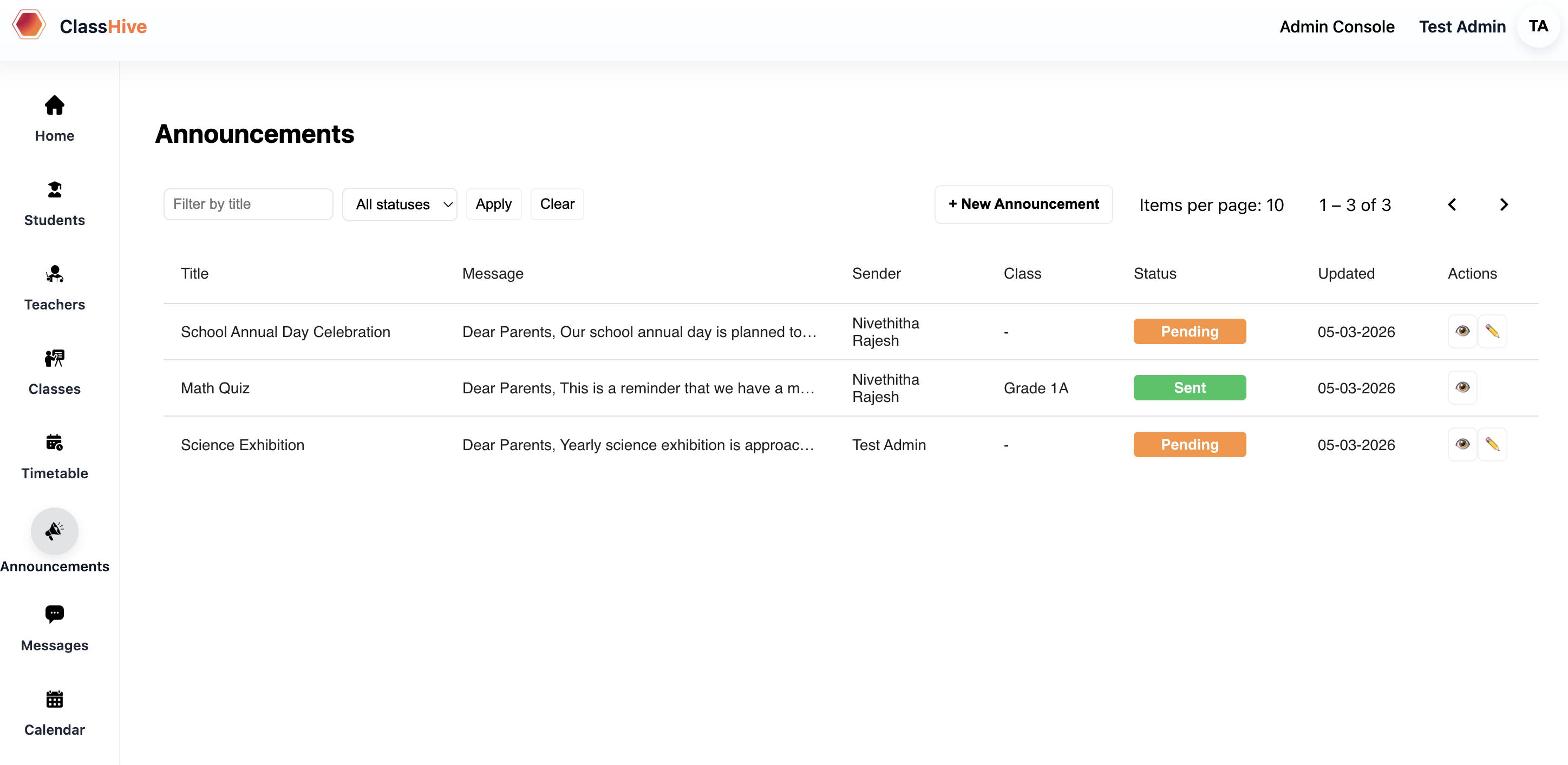 Announcements screenshot